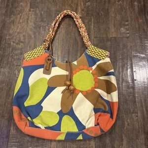 FOSSIL Vintage Canvas Retro Boho Hobo Y2K ~Floral~Wooden Key~ Shoulder Tote Bag